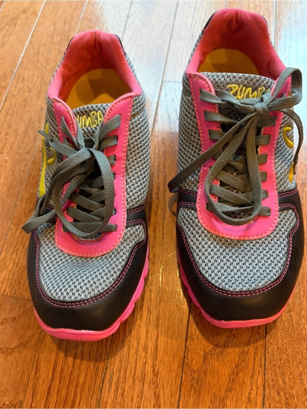 Women’s Gray and Pink Athletic Zumba fitness shoes.